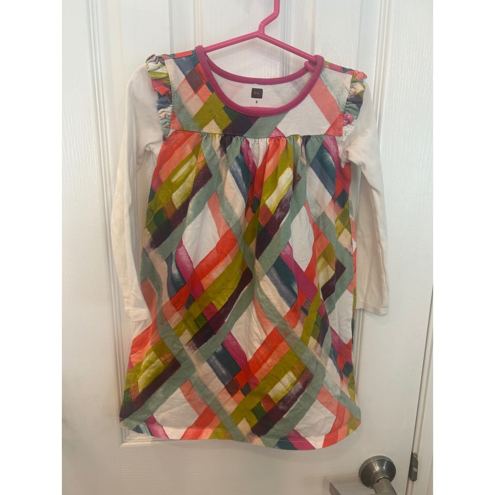 Tea Collection Dress Multi-Color Abstract Plaid Ruffle Long Sleeve Kids 5